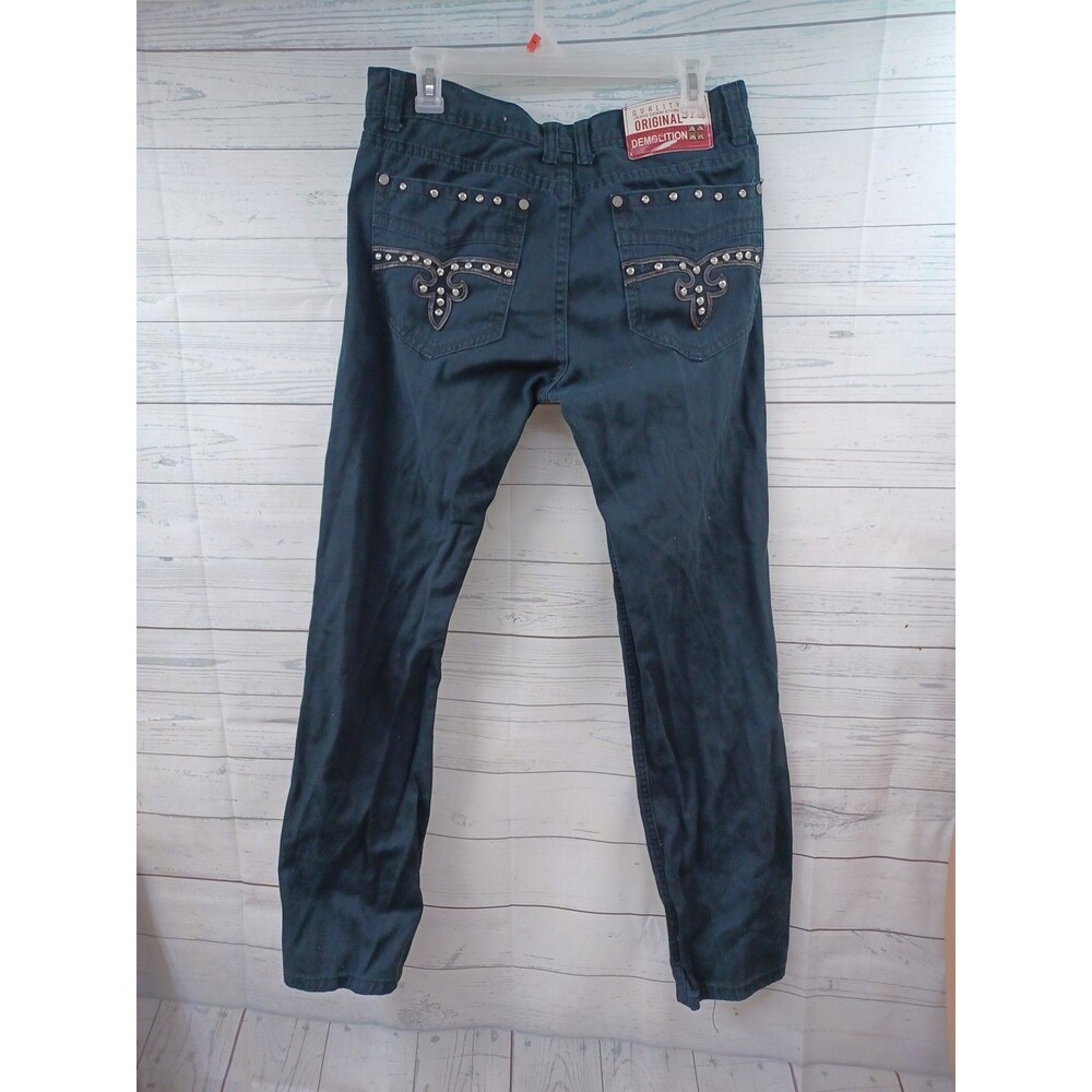 Demolition Mens Urban Wear Black Jeans Sz 32x30 Moto Skinny Rhinestone Embellish